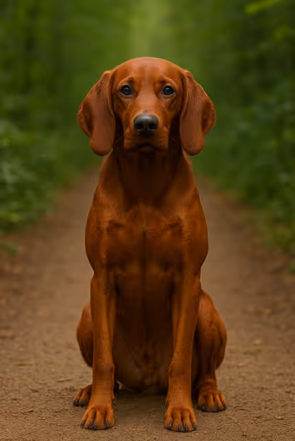 Redbone Coonhound with a sleek reddish-brown coat sitting on a dirt trail in a forest, looking calm and attentive with a steady gaze.