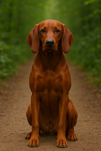 Redbone Coonhound with a sleek reddish-brown coat sitting on a dirt trail in a forest, looking calm and attentive with a steady gaze.