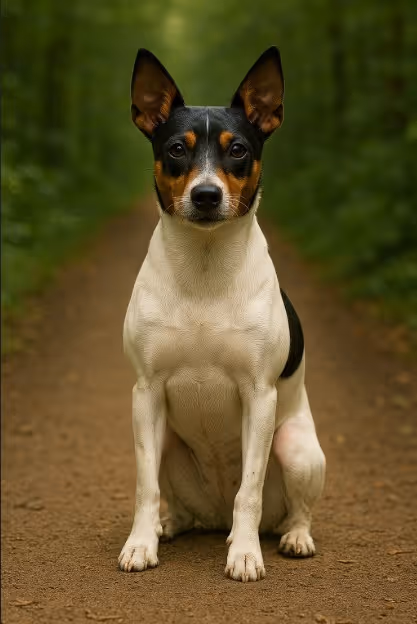 Rat Terrier with a white coat and black and tan markings sitting on a dirt trail in a forest, looking alert with upright ears.