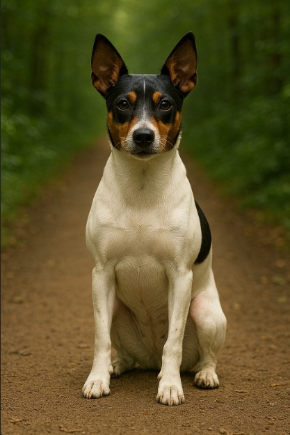 Rat Terrier with a white coat and black and tan markings sitting on a dirt trail in a forest, looking alert with upright ears.