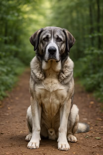 Rafeiro do Alentejo with a thick gray, white, and brindle coat sitting on a dirt trail in a forest, looking calm and steady with a gentle gaze.