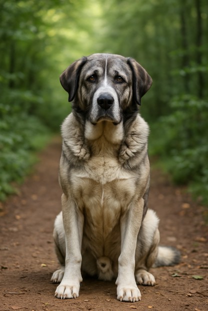 Rafeiro do Alentejo with a thick gray, white, and brindle coat sitting on a dirt trail in a forest, looking calm and steady with a gentle gaze.