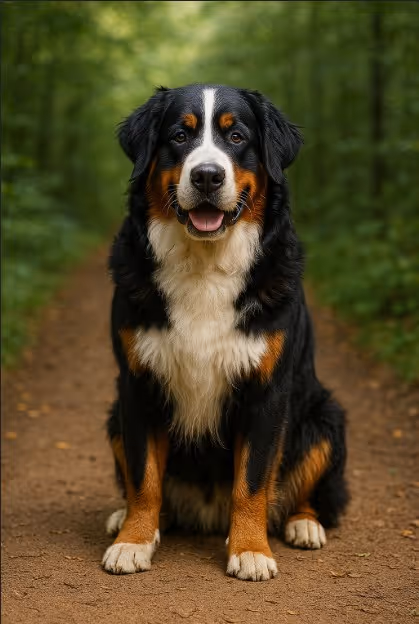 Bernese Mountain Dog with a tri-colored black, white, and rust coat sitting on a dirt trail in a forest, looking friendly with a happy expression.