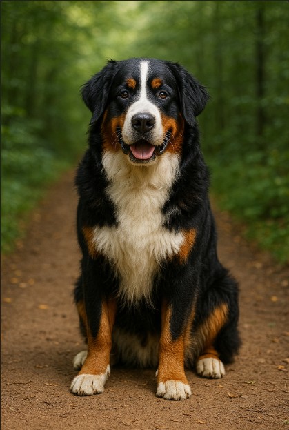 Bernese Mountain Dog with a tri-colored black, white, and rust coat sitting on a dirt trail in a forest, looking friendly with a happy expression.