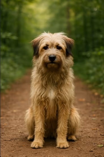 Pyrenean Shepherd with a long, wavy fawn and cream coat sitting on a dirt trail in a forest, looking gentle and calm with a soft expression.