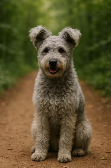 Pumi with a curly gray coat sitting on a dirt trail in a forest, looking cheerful and alert with upright, tufted ears.