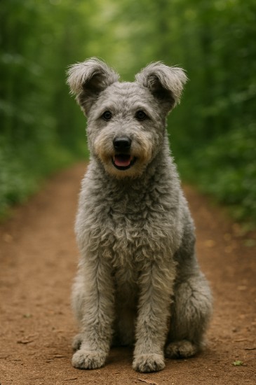 Pumi with a curly gray coat sitting on a dirt trail in a forest, looking cheerful and alert with upright, tufted ears.