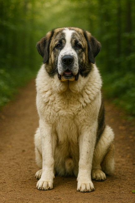 Pyrenean Mastiff with a thick white coat and brindle patches sitting on a dirt trail in a forest, looking calm and steady with a soft gaze.