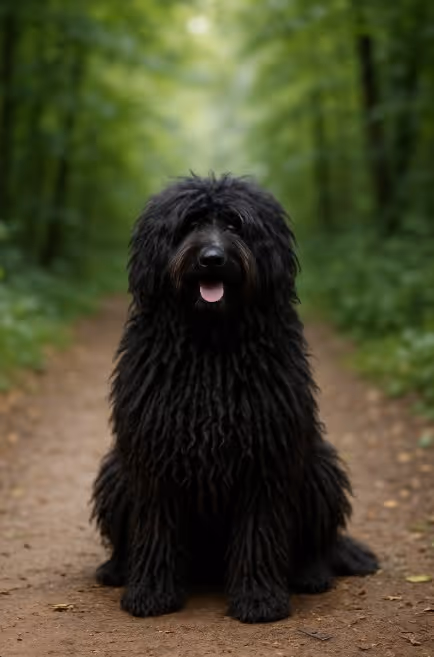 Puli with a long, corded black coat sitting on a dirt trail in a forest, looking relaxed and alert with a soft, cheerful expression.