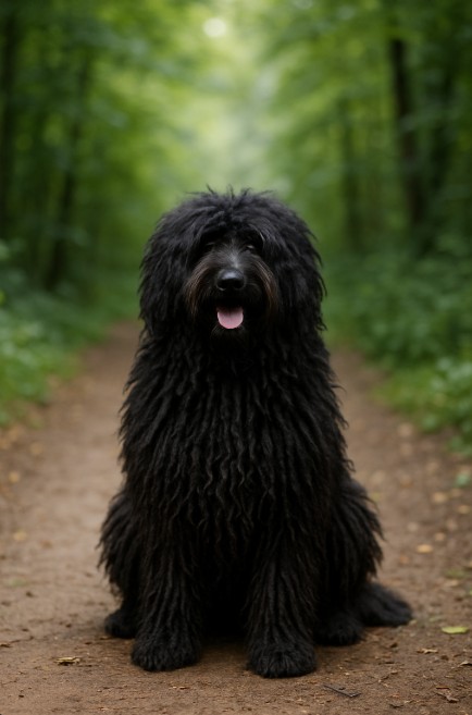 Puli with a long, corded black coat sitting on a dirt trail in a forest, looking relaxed and alert with a soft, cheerful expression.