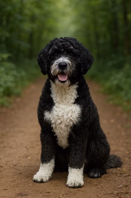 Portuguese Water Dog with a curly black and white coat sitting on a dirt trail in a forest, looking cheerful and alert with its tongue out.