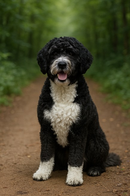 Portuguese Water Dog with a curly black and white coat sitting on a dirt trail in a forest, looking cheerful and alert with its tongue out.