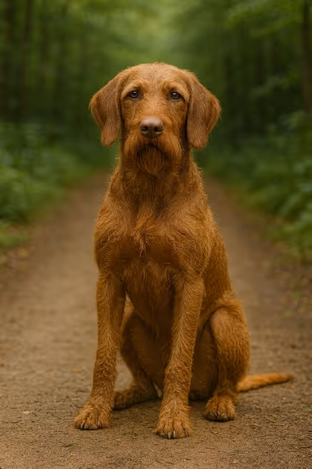 Pudelpointer with a wiry brown coat sitting on a dirt trail in a forest, looking alert and steady with a focused expression.
