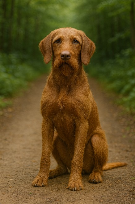 Pudelpointer with a wiry brown coat sitting on a dirt trail in a forest, looking alert and steady with a focused expression.