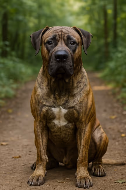 Presa Canario with a brindle coat and white chest marking sitting on a dirt trail in a forest, looking calm and powerful with a focused gaze