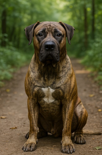 Presa Canario with a brindle coat and white chest marking sitting on a dirt trail in a forest, looking calm and powerful with a focused gaze