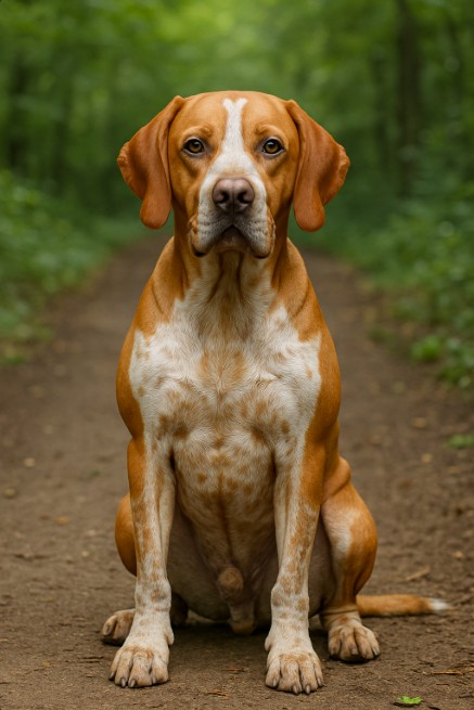 Portuguese Pointer with a reddish-brown and white coat sitting on a dirt trail in a forest, looking calm and focused with an alert gaze.