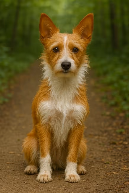 Portuguese Podengo Pequeno with a reddish-brown and white coat sitting on a dirt trail in a forest, looking alert and curious with upright ears.