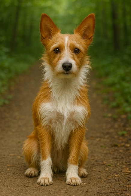 Portuguese Podengo Pequeno with a reddish-brown and white coat sitting on a dirt trail in a forest, looking alert and curious with upright ears.