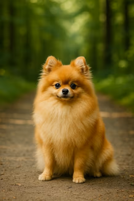 Pomeranian with a thick golden-orange coat sitting on a dirt trail in a forest, looking alert and friendly with a fluffy mane.