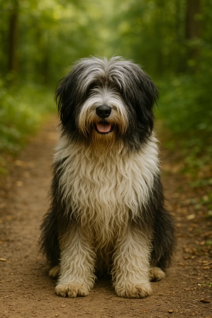 Polish Lowland Sheepdog with a shaggy black and white coat sitting on a dirt trail in a forest, looking happy and relaxed with a friendly expression.