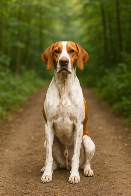 English Pointer with a white coat and reddish-brown patches sitting on a dirt trail in a forest, looking calm and attentive with amber eyes.