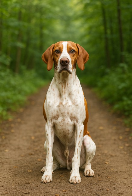 English Pointer with a white coat and reddish-brown patches sitting on a dirt trail in a forest, looking calm and attentive with amber eyes.