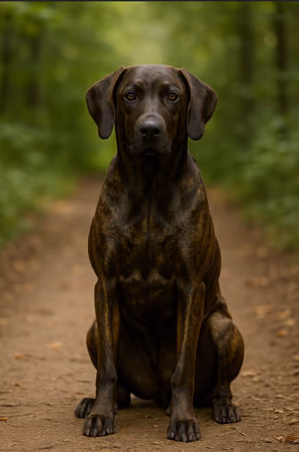 Plott Hound with a dark brindle coat sitting on a dirt trail in a forest, looking alert and attentive with a calm, steady gaze.