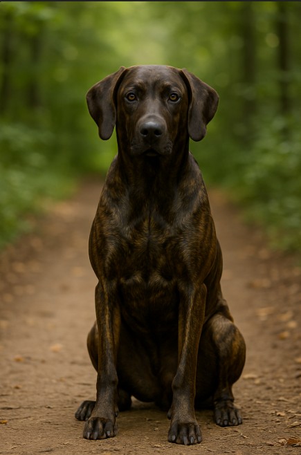 Plott Hound with a dark brindle coat sitting on a dirt trail in a forest, looking alert and attentive with a calm, steady gaze.
