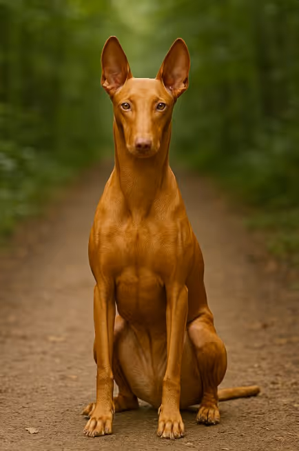 Pharaoh Hound with a sleek reddish-tan coat sitting on a dirt trail in a forest, looking alert and poised with upright ears and an elegant posture.