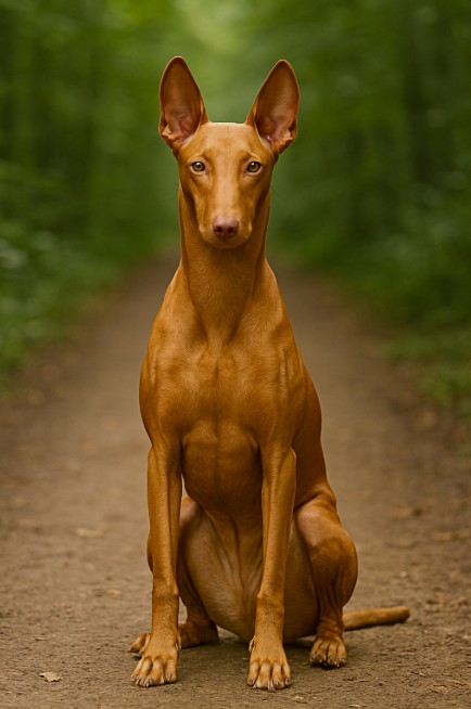 Pharaoh Hound with a sleek reddish-tan coat sitting on a dirt trail in a forest, looking alert and poised with upright ears and an elegant posture.