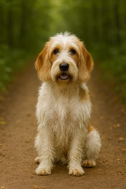 Petit Basset Griffon Vendéen with a wiry white and tan coat sitting on a dirt trail in a forest, looking cheerful and relaxed with a slightly open mouth.