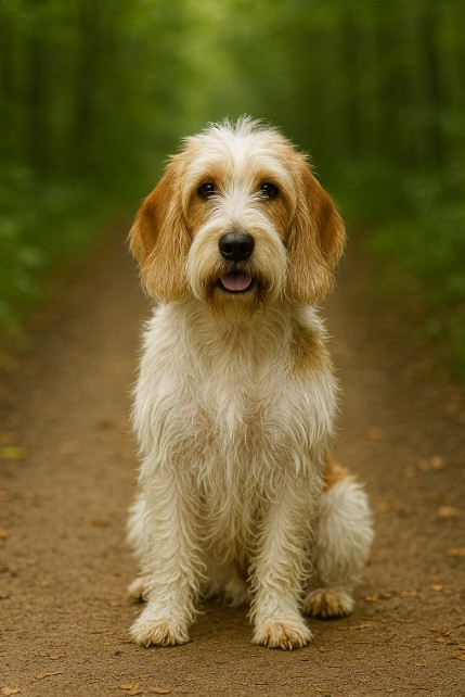 Petit Basset Griffon Vendéen with a wiry white and tan coat sitting on a dirt trail in a forest, looking cheerful and relaxed with a slightly open mouth.
