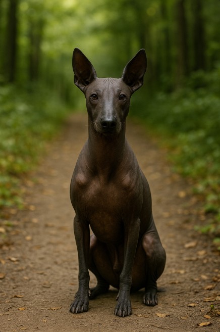 Peruvian Inca Orchid with a dark brownish-gray hairless coat sitting on a dirt trail in a forest, looking alert with upright ears and a poised expression.