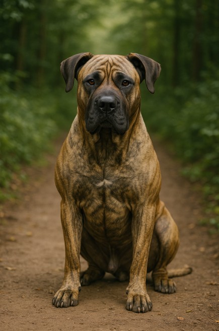 Perro de Presa Canario with a muscular brindle fawn coat sitting on a dirt path in a forest, looking calm and powerful with a steady, alert gaze.
