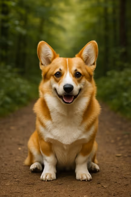 Pembroke Welsh Corgi with a reddish-brown and white coat sitting on a dirt path in a green forest, looking cheerful and alert with upright ears.