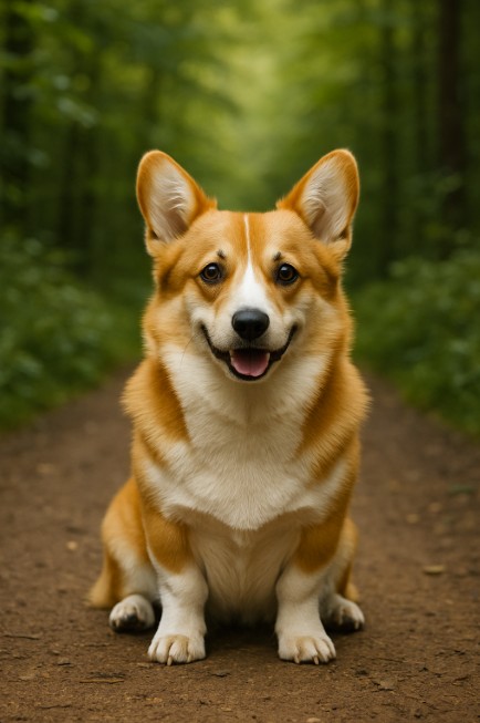 Pembroke Welsh Corgi with a reddish-brown and white coat sitting on a dirt path in a green forest, looking cheerful and alert with upright ears.