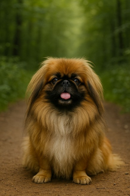 Pekingese with a golden and black long coat sitting on a dirt forest path, looking calm and content with its tongue out.
