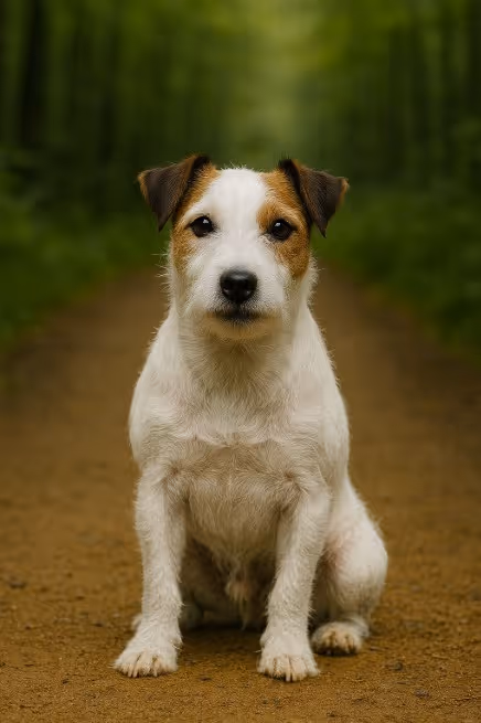 Parson Russell Terrier with a white coat and brown markings sitting on a dirt trail in a forest, looking lively and alert with perked ears.