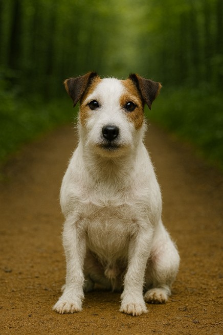 Parson Russell Terrier with a white coat and brown markings sitting on a dirt trail in a forest, looking lively and alert with perked ears.