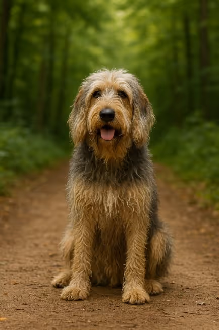 Otterhound with a thick, wavy, tan and gray coat sitting on a dirt trail in a forest, looking relaxed and gentle with a slightly open mouth.