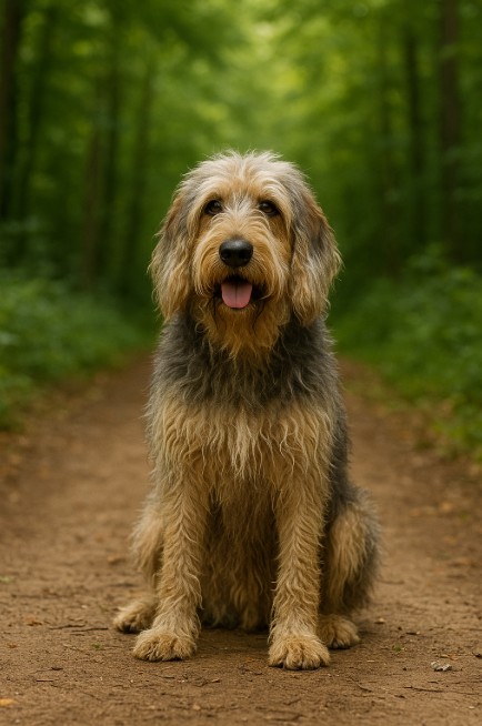 Otterhound with a thick, wavy, tan and gray coat sitting on a dirt trail in a forest, looking relaxed and gentle with a slightly open mouth.