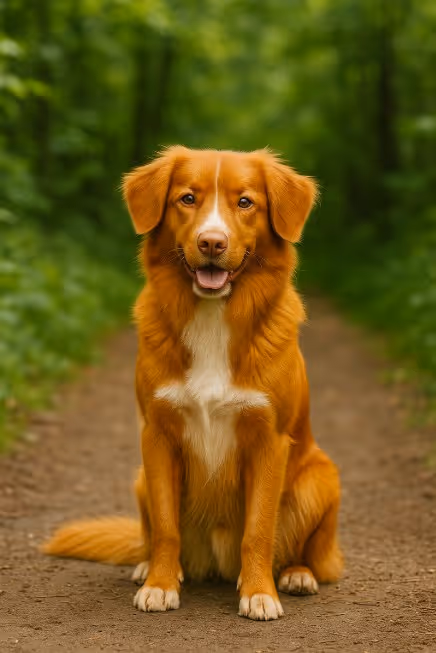 Nova Scotia Duck Tolling Retriever with a reddish-orange coat and white markings sitting on a forest trail, looking friendly and alert with a happy expression.