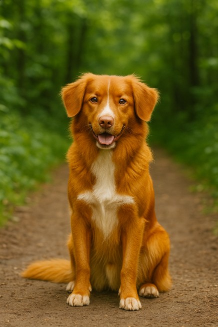 Nova Scotia Duck Tolling Retriever with a reddish-orange coat and white markings sitting on a forest trail, looking friendly and alert with a happy expression.