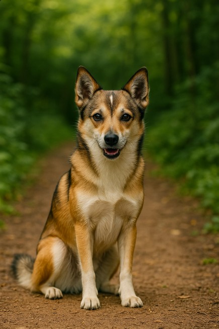 Norwegian Lundehund with a tricolor coat of reddish-brown, black, and white sitting on a dirt path in a lush green forest, looking alert and friendly.