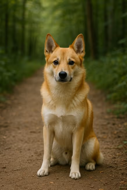 A photograph captures a Norrbottenspets sitting attentively on a dirt path in a forest, with reddish-brown and white fur, upright ears, and a focused expression surrounded by lush greenery.