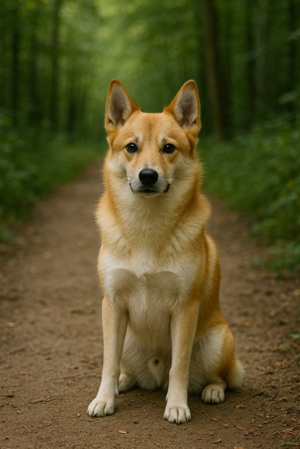 A photograph captures a Norrbottenspets sitting attentively on a dirt path in a forest, with reddish-brown and white fur, upright ears, and a focused expression surrounded by lush greenery.