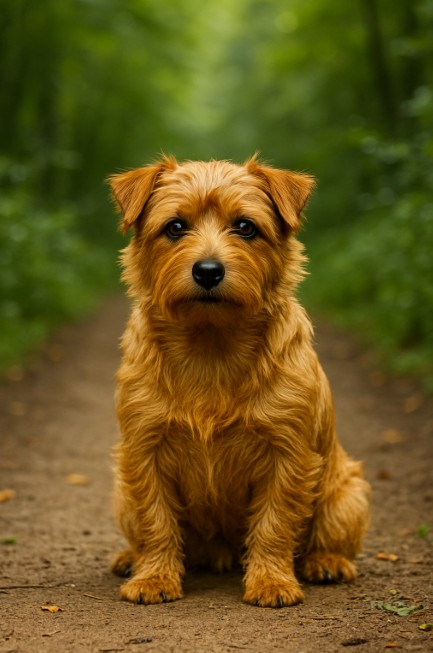 A photograph captures a Norfolk Terrier sitting attentively on a dirt path in a forest, with its reddish-brown coat standing out against the lush green background.