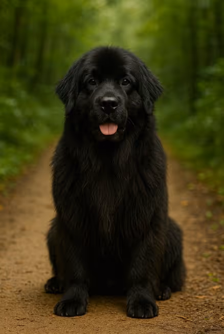 A photograph showcases a Newfoundland dog sitting calmly on a forest path, its thick black coat blending with the earthy tones of the trail, surrounded by lush green foliage.