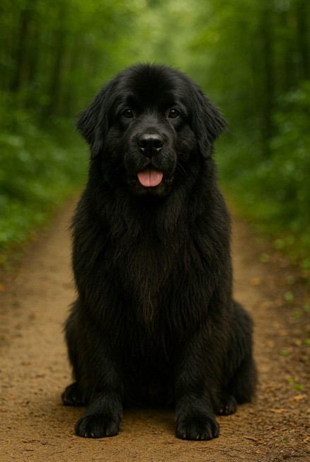 A photograph showcases a Newfoundland dog sitting calmly on a forest path, its thick black coat blending with the earthy tones of the trail, surrounded by lush green foliage.